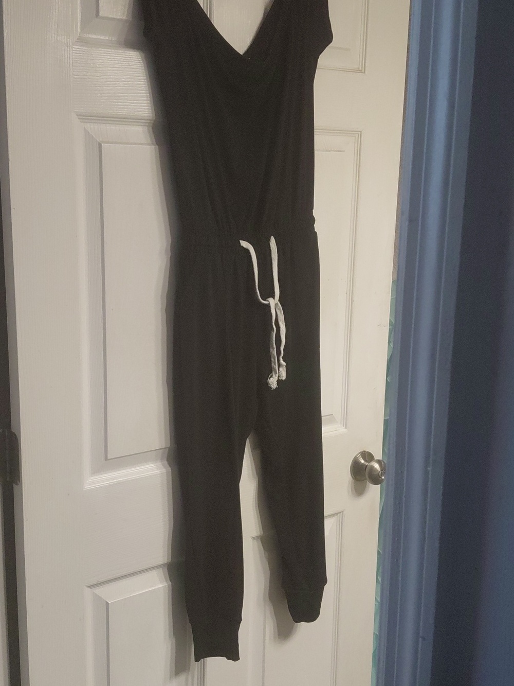 Casual Black Jumpsuit White-Drawstring Off Shoulder Small